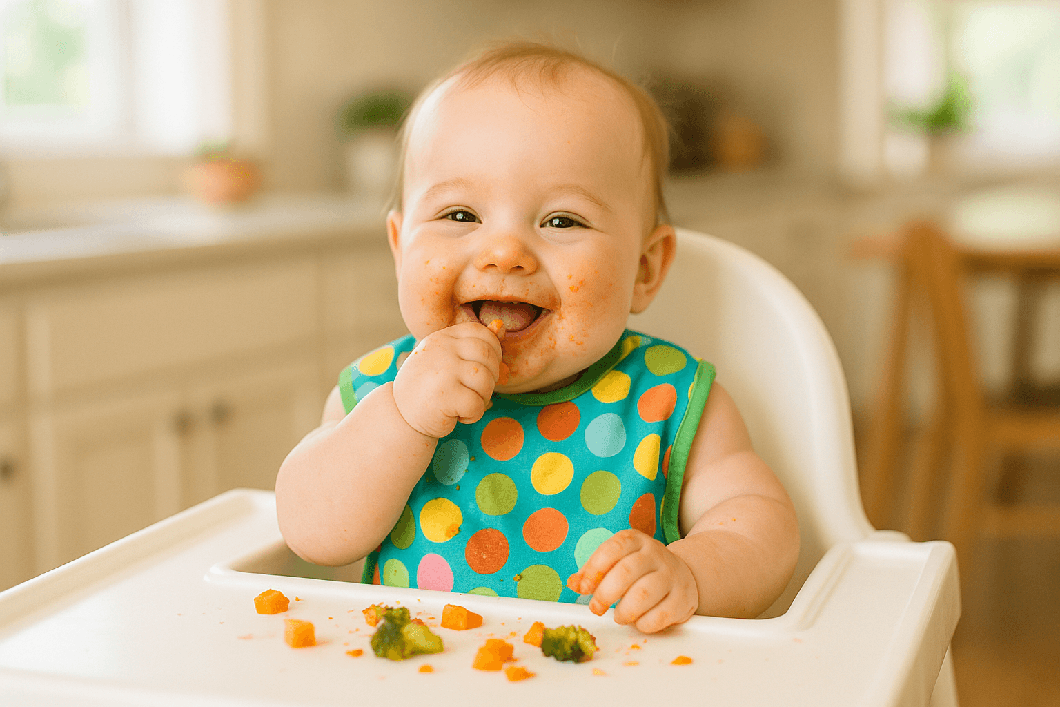 baby in chair eating with a bib on