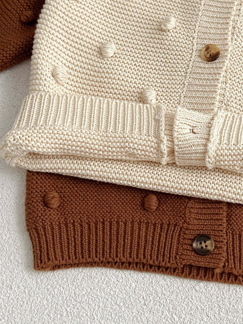 Baby & kids unisex sweater with 3D dots in soft brown beige fabric.