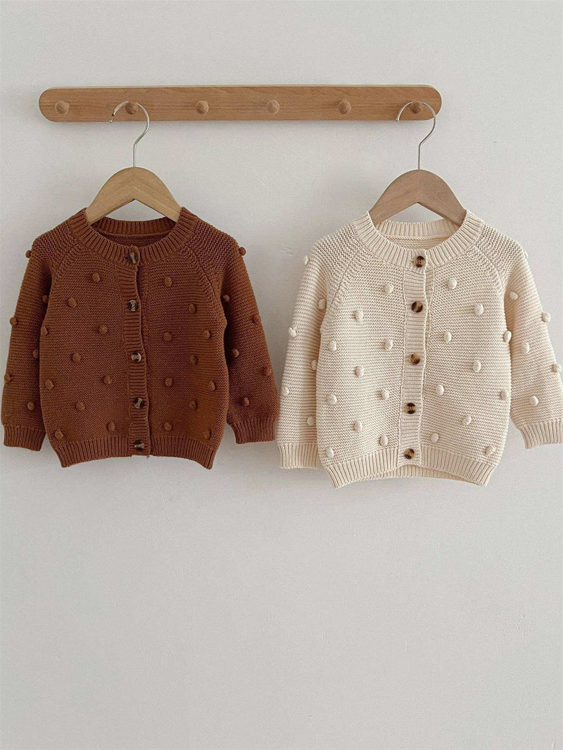 Baby & Kids unisex comfortable sweater with 3D embroidered dots in brown and beige fabric.