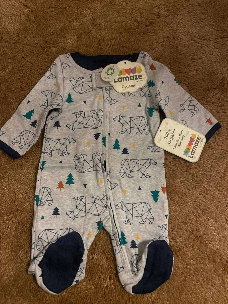 Organic Lamaze baby sleeper with geometric bear design, showcasing long sleeves and enclosed feet.