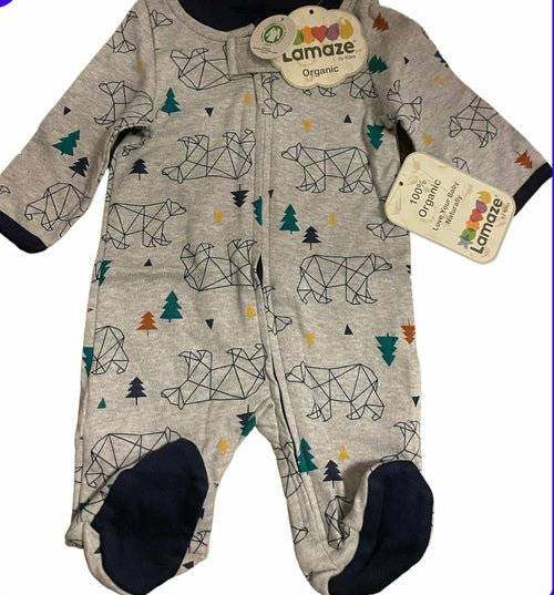 Organic Lamaze baby sleepers with animal and tree pattern.