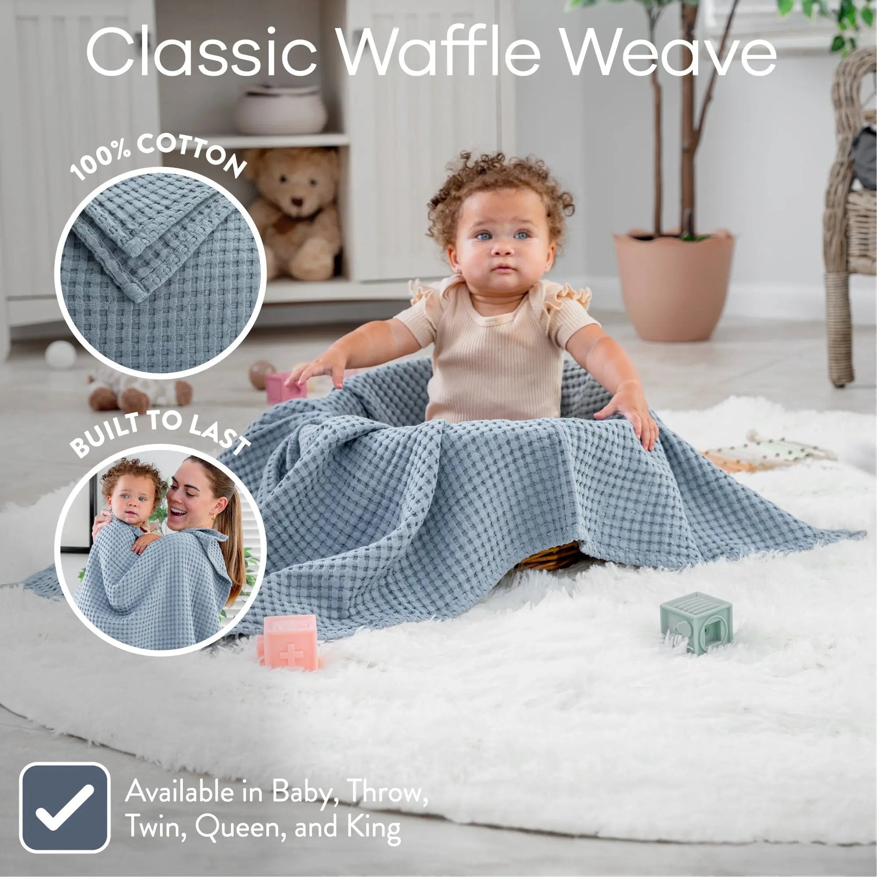 Comfy Cubs Baby Waffle Blankets in Pacific Blue - 