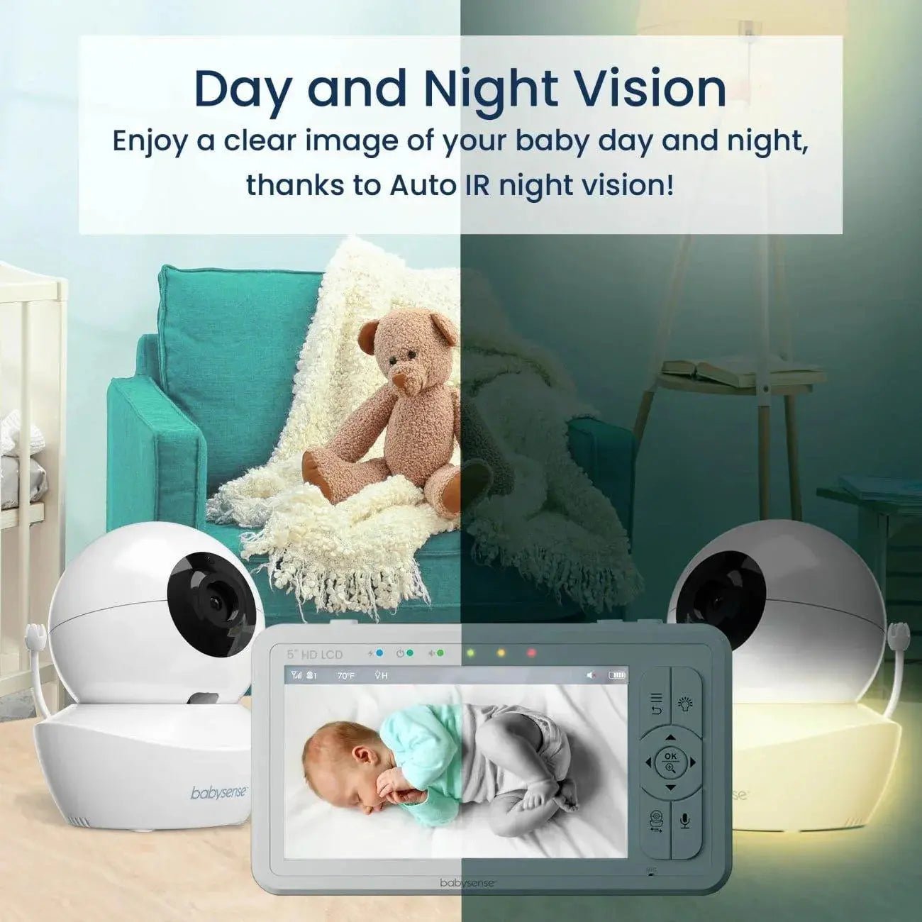 Babysense Babysense HD S2: Video Baby Monitor with 2 Cameras, Non Wifi, Split Screen & Night Light Machine - 