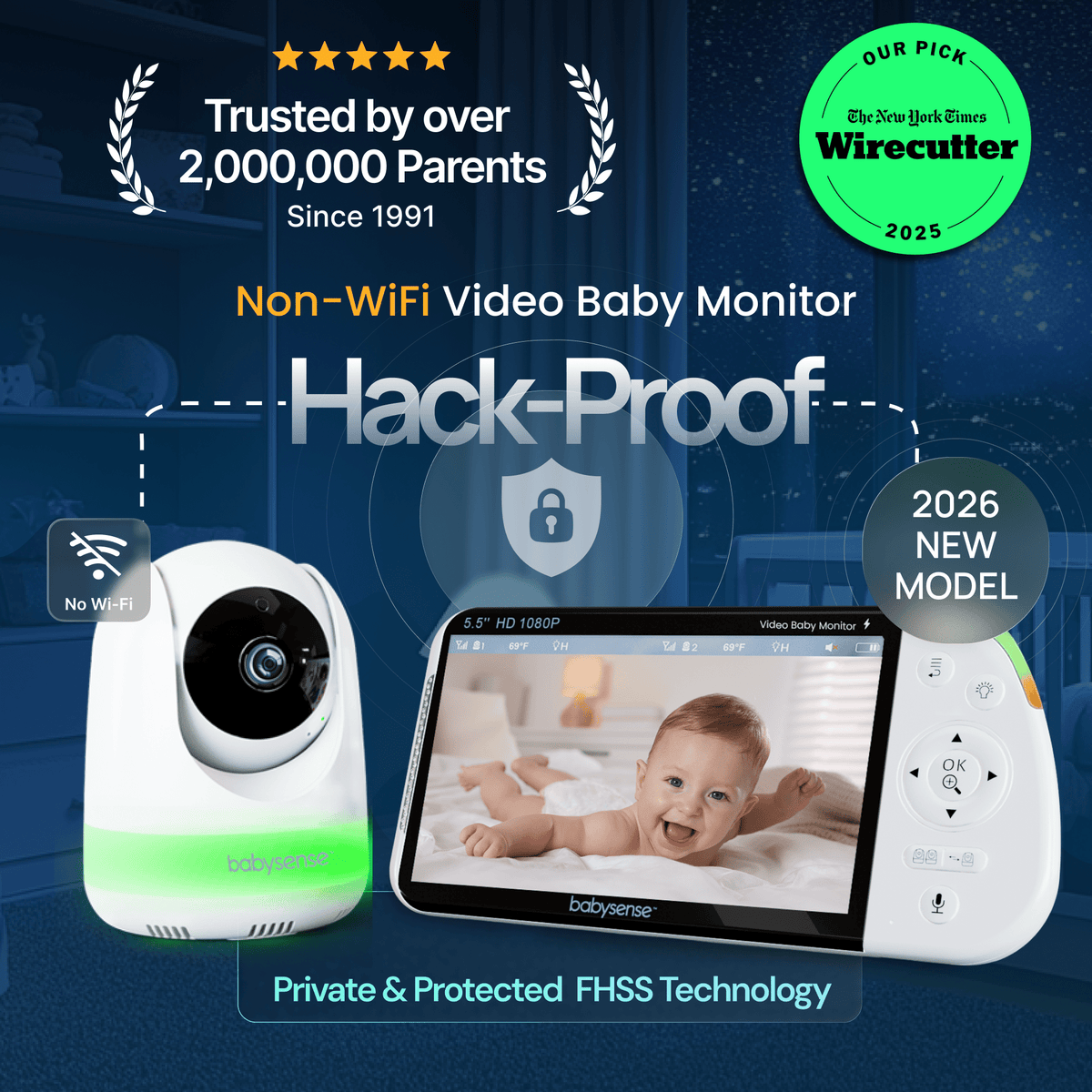 Babysense PRO | Non WiFi Video Baby Monitor with 2 Cameras, Split Screen, Night Light & Sound Machine by Babysense at Everetts Place