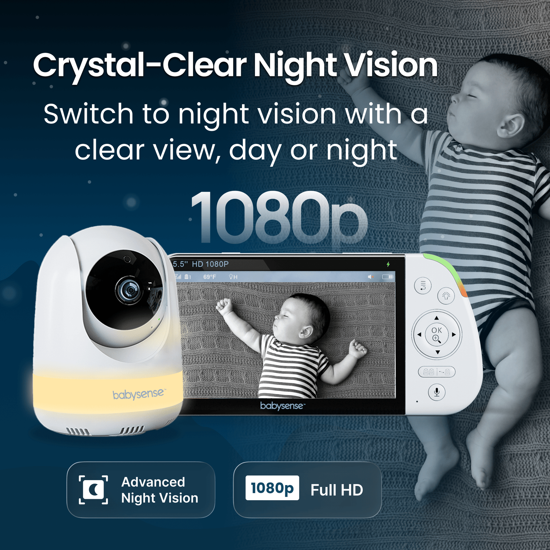 Babysense Babysense PRO: Video Baby Monitor with 2 Cameras, Non Wifi, Split Screen, Night Light & Sound Machine