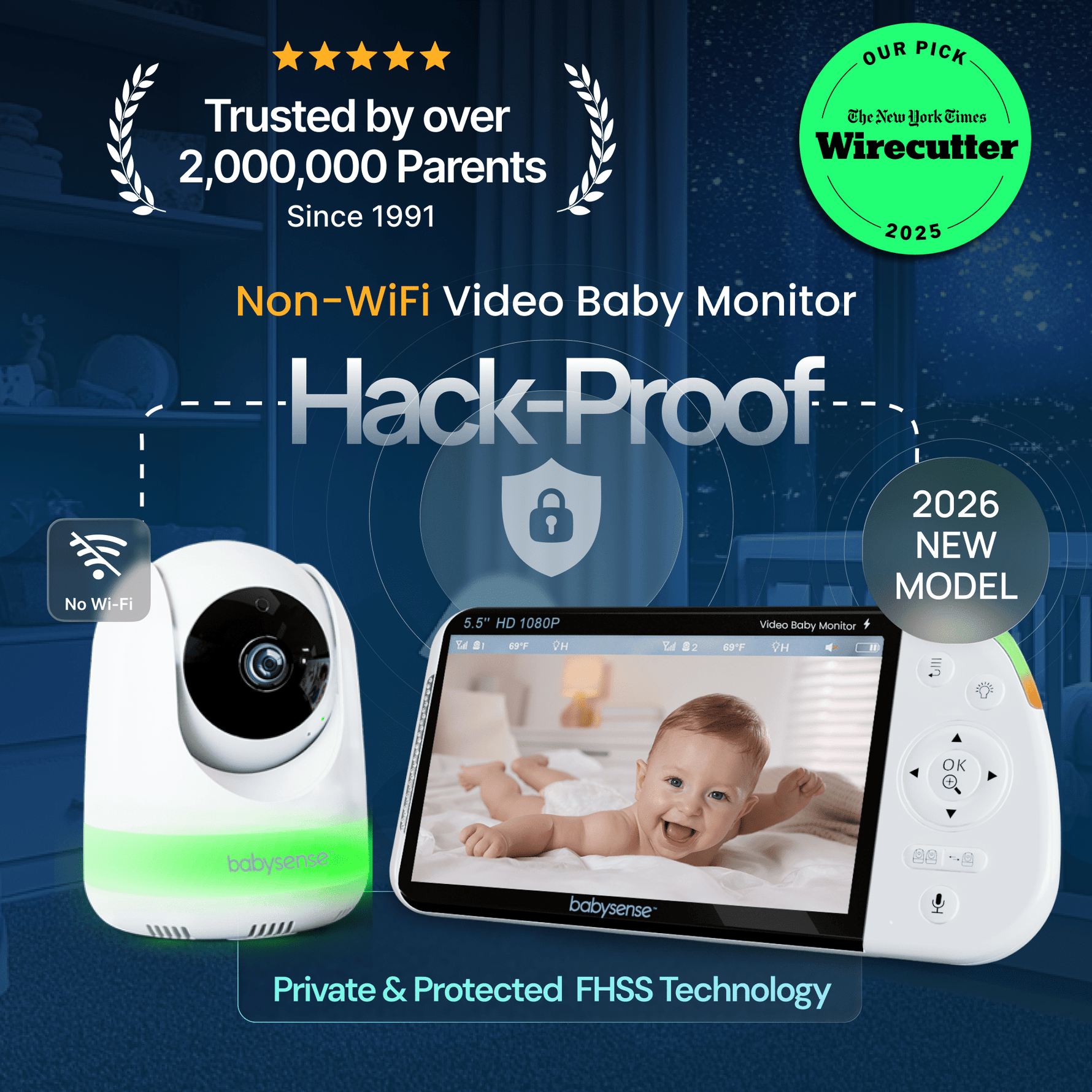Babysense PRO non-wifi video baby monitor with two cameras, parent unit displaying split screen view