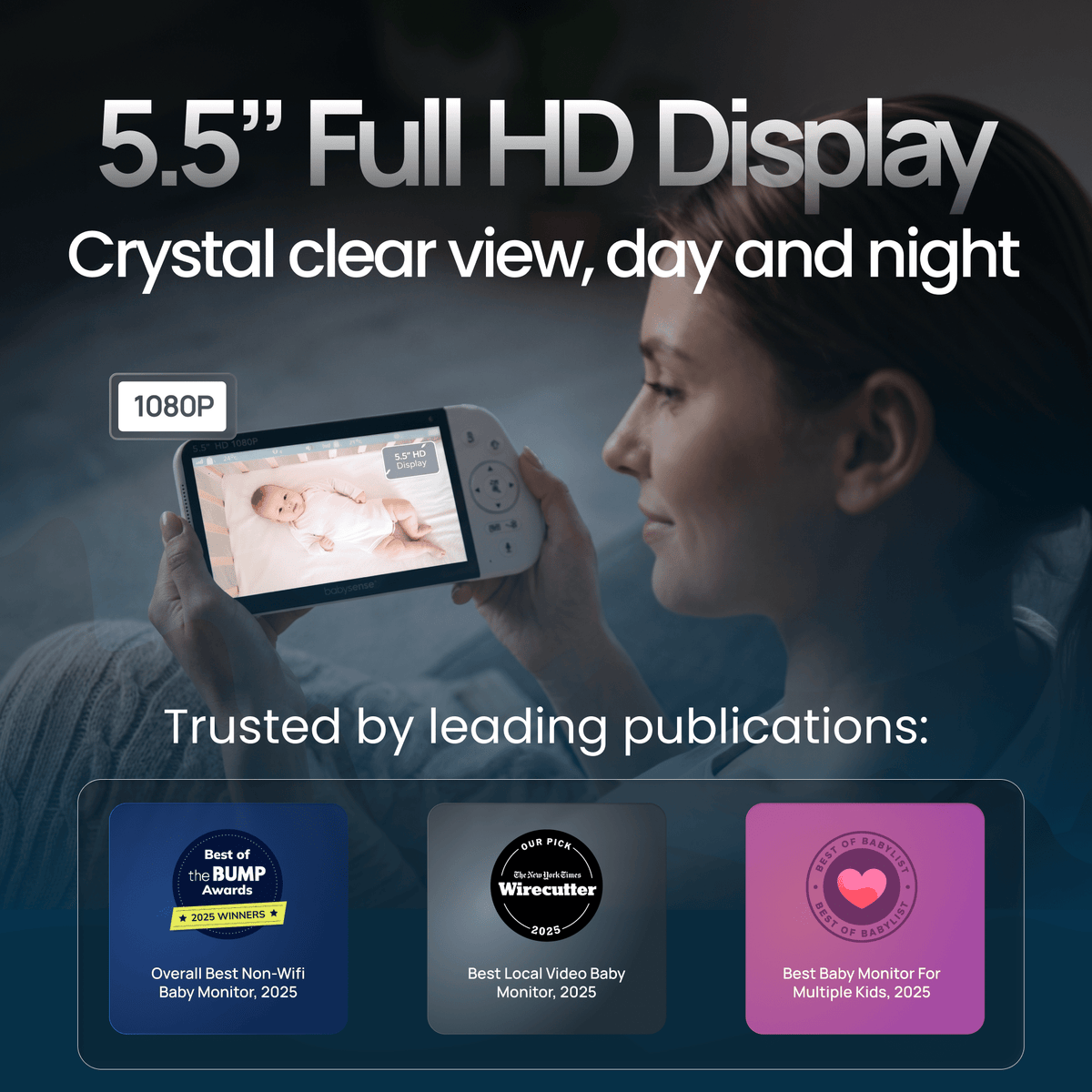 Babysense PRO non-wifi video baby monitor with two cameras, parent unit displaying split screen view