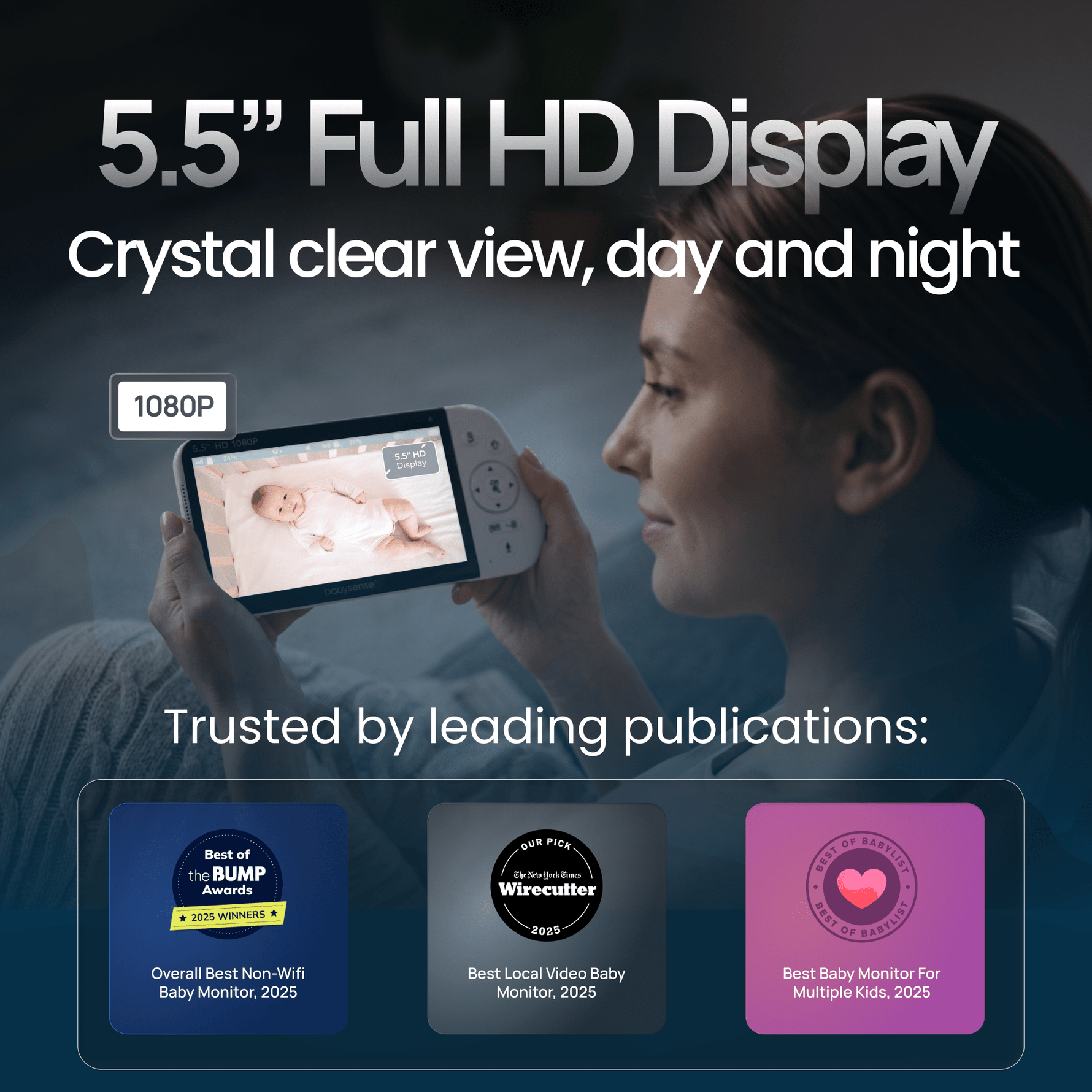 Babysense PRO non-wifi video baby monitor with two cameras, parent unit displaying split screen view