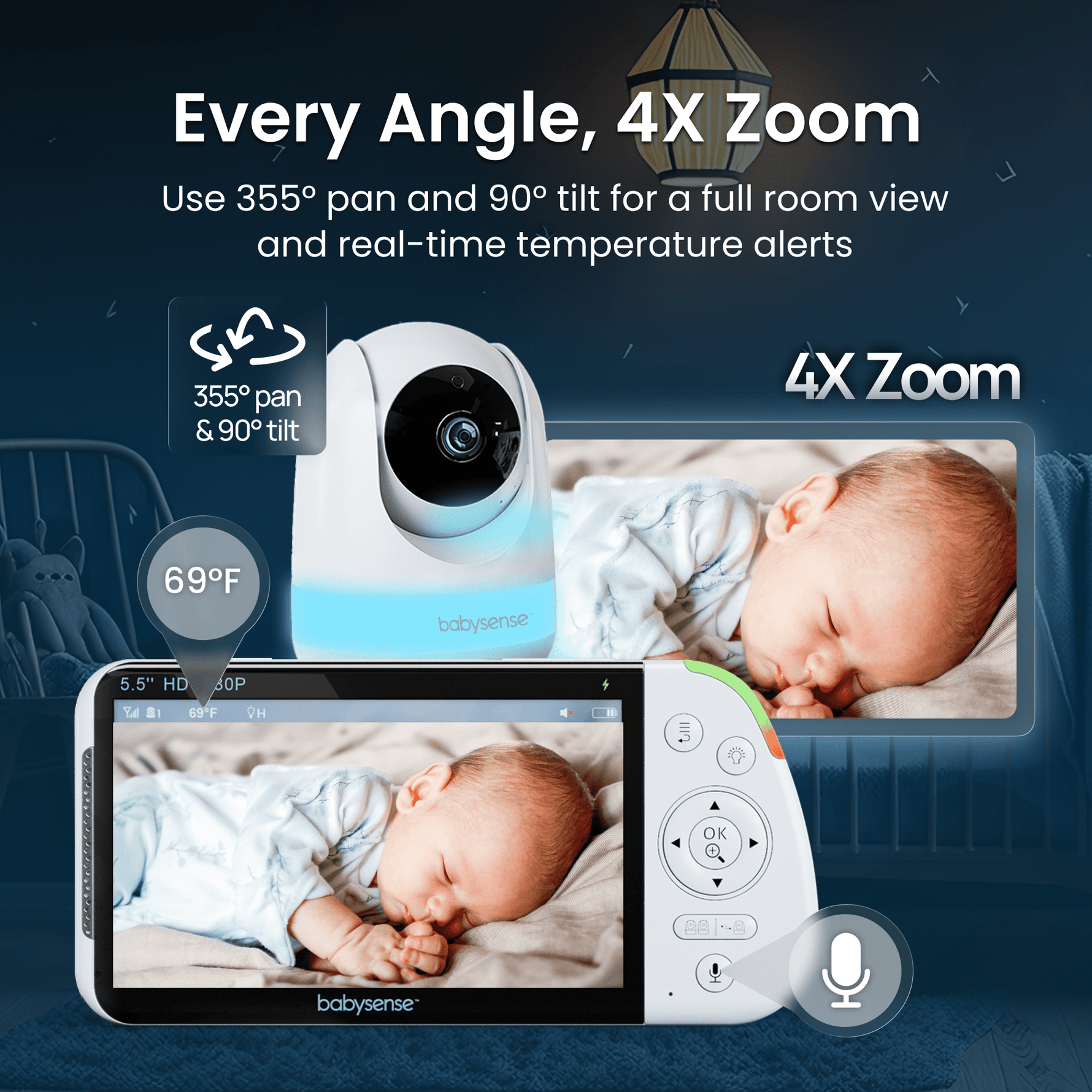 Babysense Babysense PRO: Video Baby Monitor with 2 Cameras, Non Wifi, Split Screen, Night Light & Sound Machine