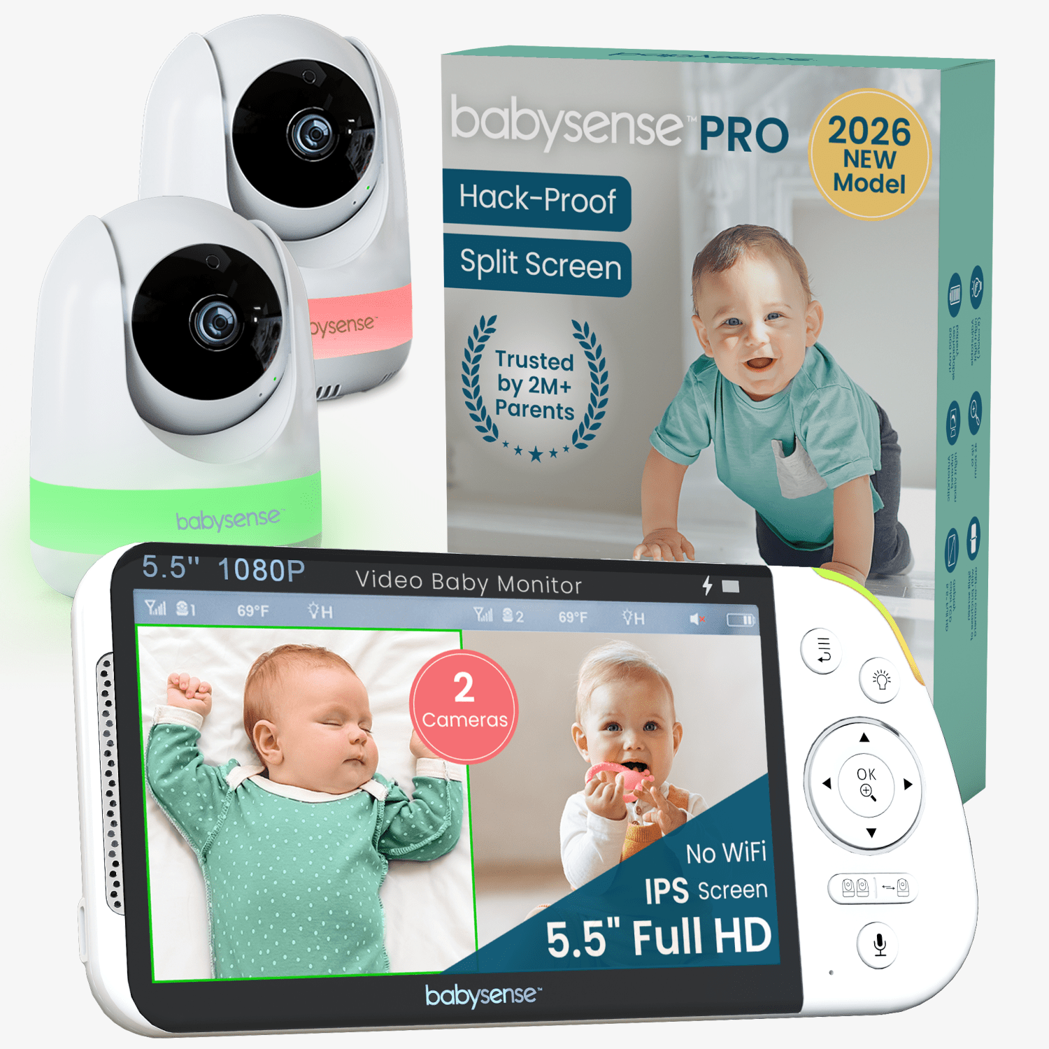 Babysense Babysense PRO: Video Baby Monitor with 2 Cameras, Non Wifi, Split Screen, Night Light & Sound Machine