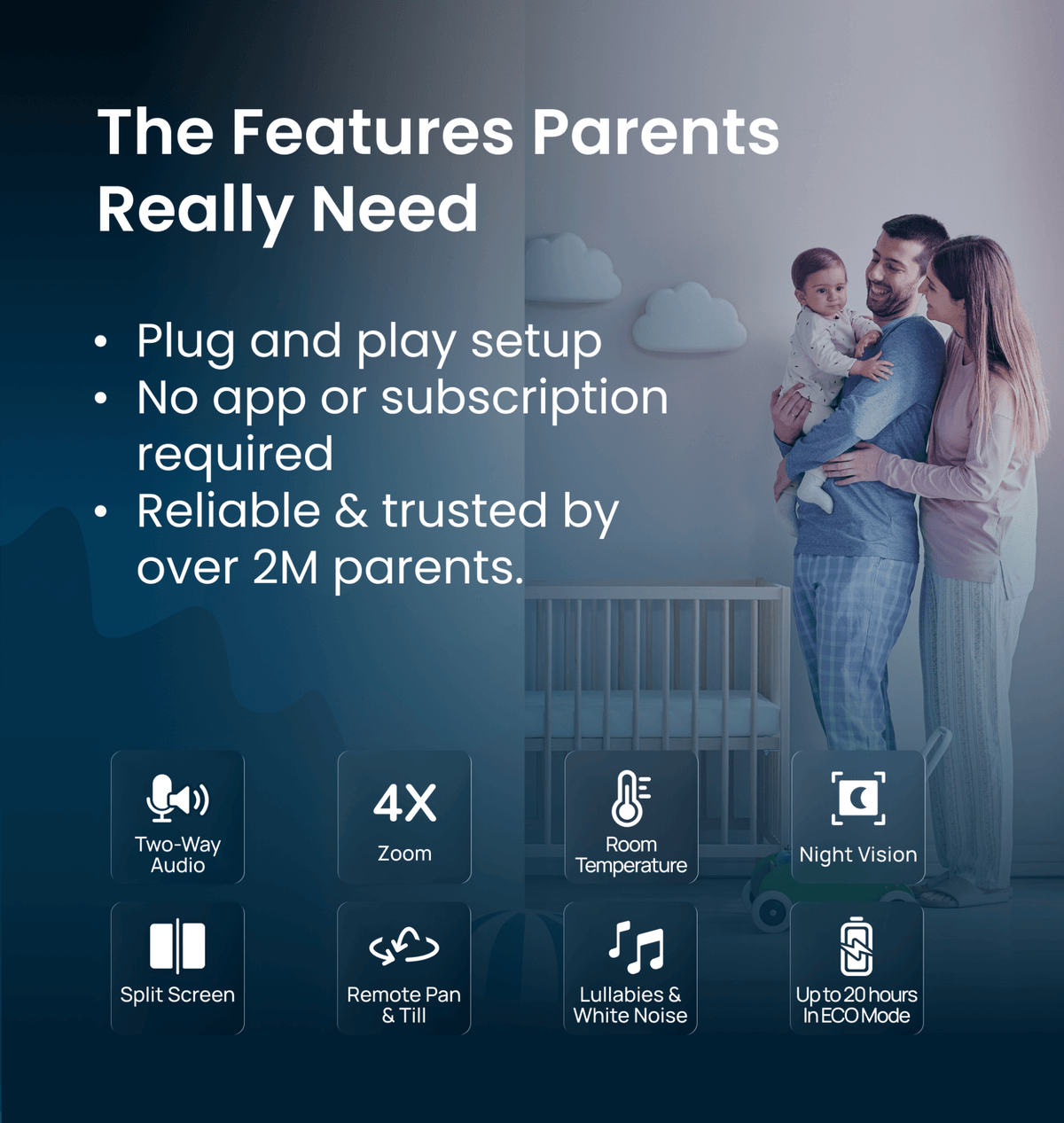 Babysense Babysense PRO: Video Baby Monitor with 2 Cameras, Non Wifi, Split Screen, Night Light & Sound Machine