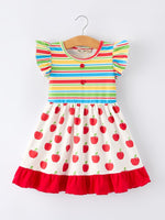Back to School Apple Stripe Girls Ruffle Dress - Fruit, Baby & Toddler Clothing, Dress, Strawberry, Pink | Everetts Place