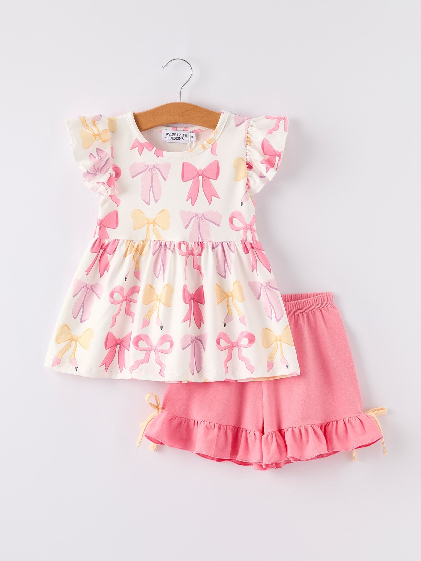 Rylee Faith Designs BACK TO SCHOOL Girl's Summer Bow Short Sleeve Shorts SetEveretts Place