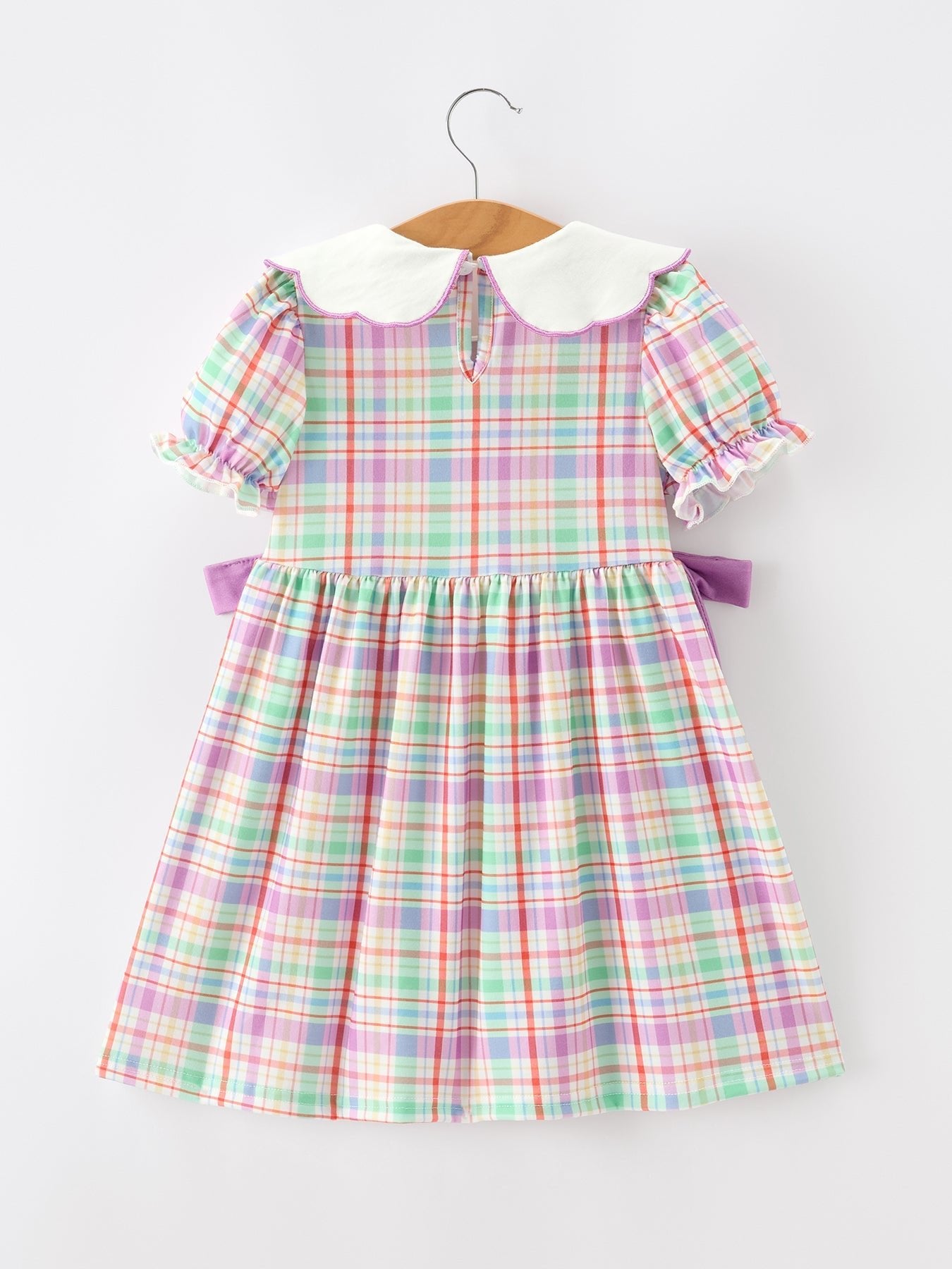 Rylee Faith Designs Back To School Plaid Crayon Embroidery Girls Dress Bow Puff Sleeve