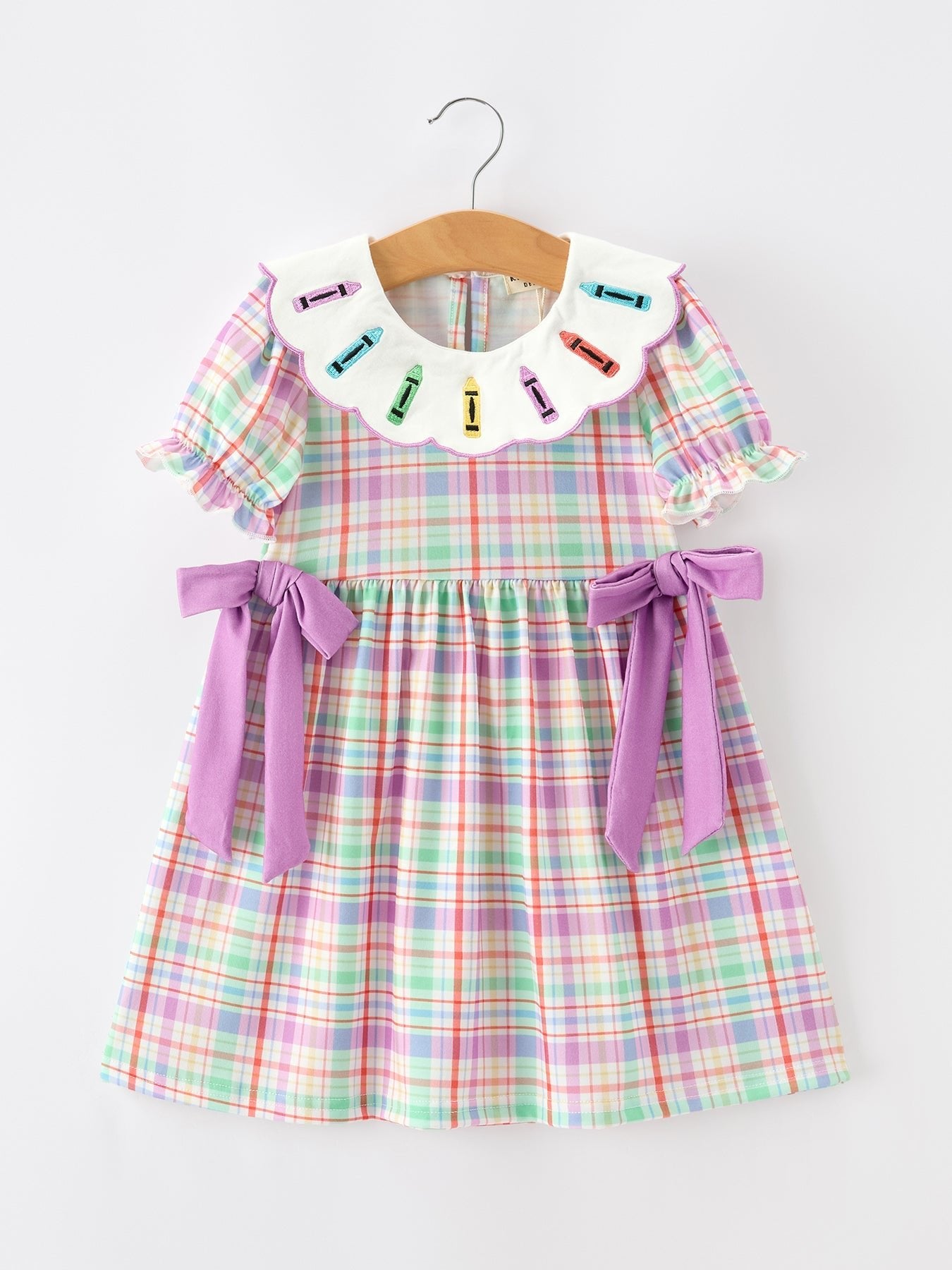 Rylee Faith Designs Back To School Plaid Crayon Embroidery Girls Dress Bow Puff Sleeve