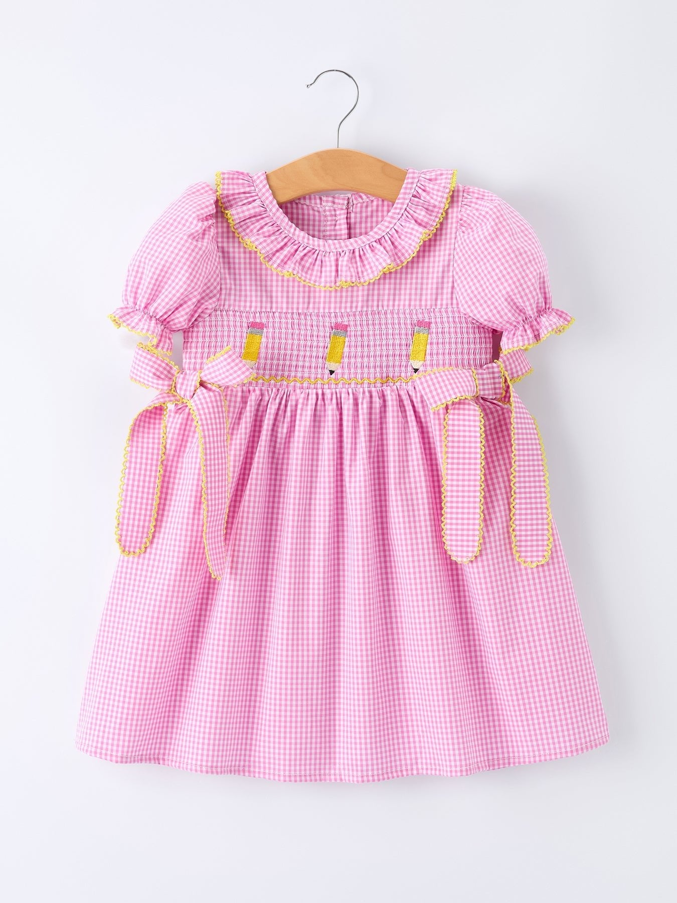 Back To School Plaid Girls Dress Smocked Puff Sleeve Bow - Pink, Day Dress, Ruffle, Baby & Toddler Clothing, One-piece garment | Everetts Place