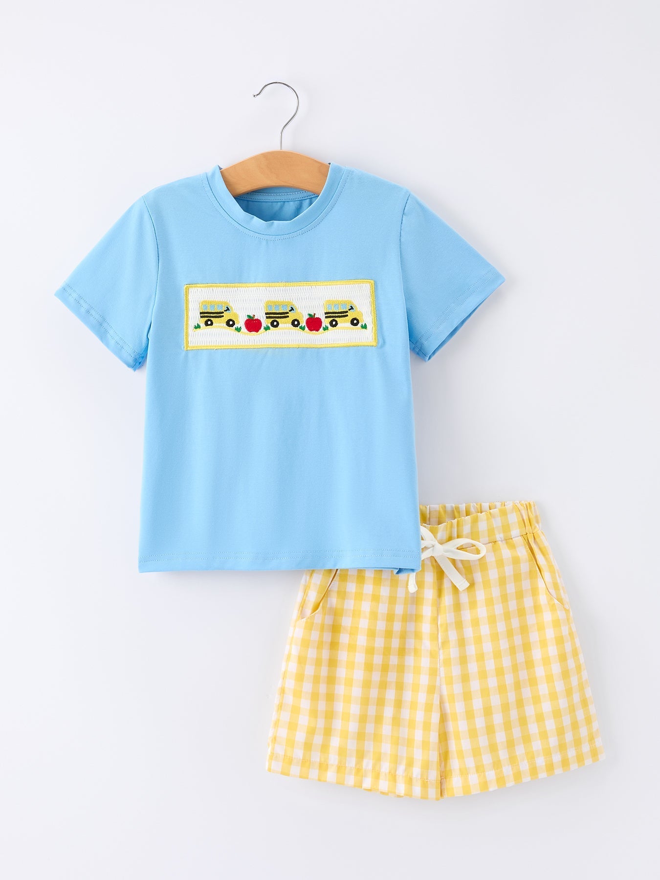 Rylee Faith Designs Back To School School Bus Boys Set Plaid ShortsEveretts Place
