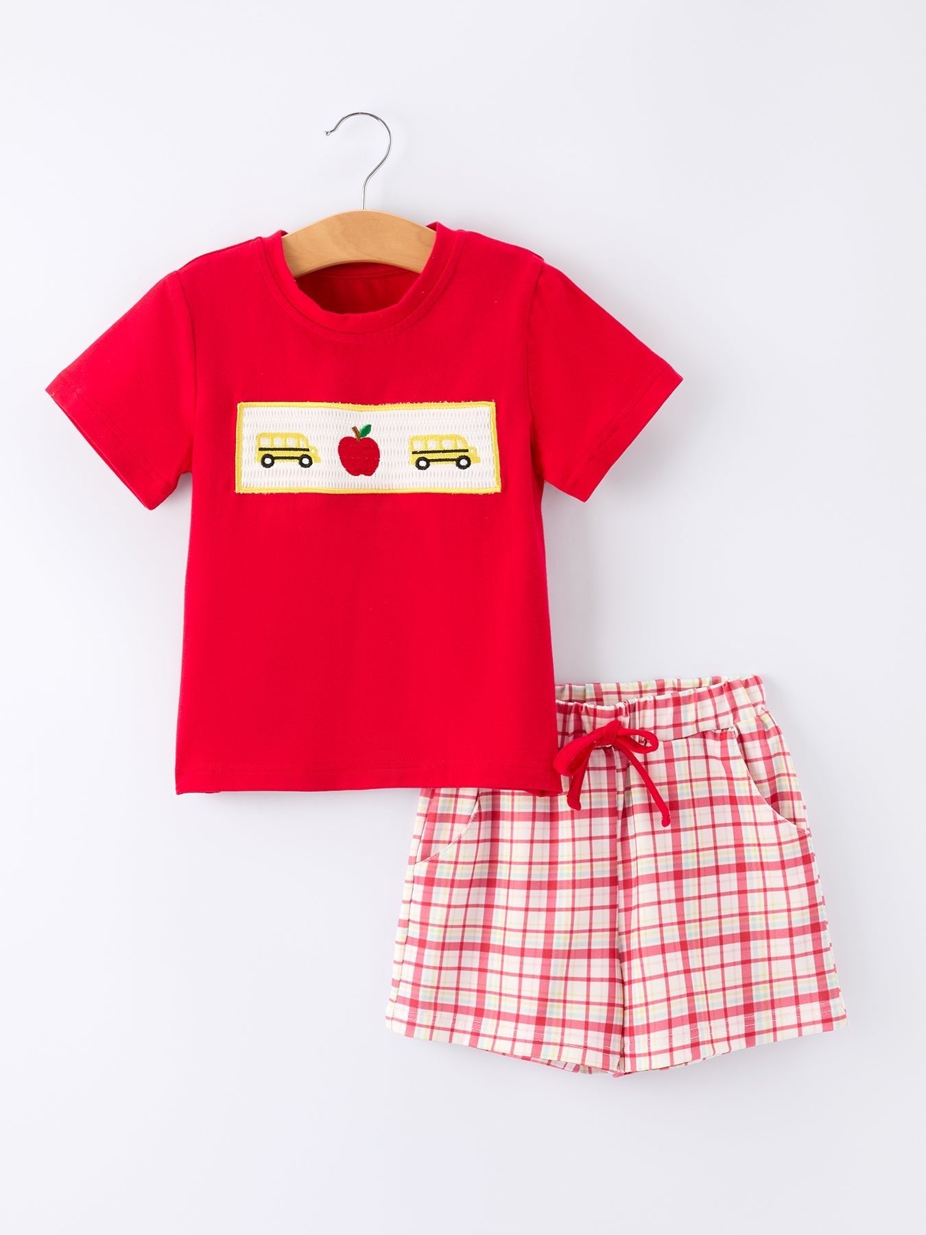 Rylee Faith Designs Back To School School Bus Boys Set Red Plaid ShortsEveretts Place