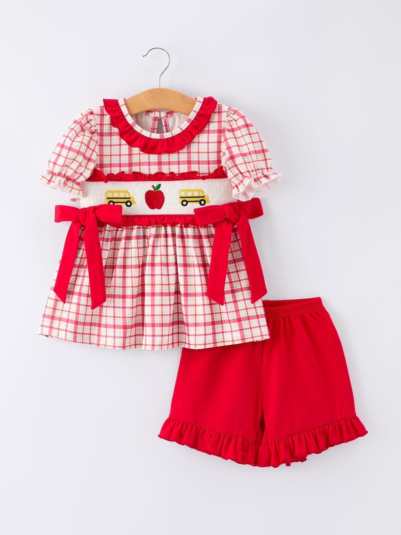 Rylee Faith Designs Back To School School Bus Embroidery Plaid Girls Set Ruffle BowEveretts Place
