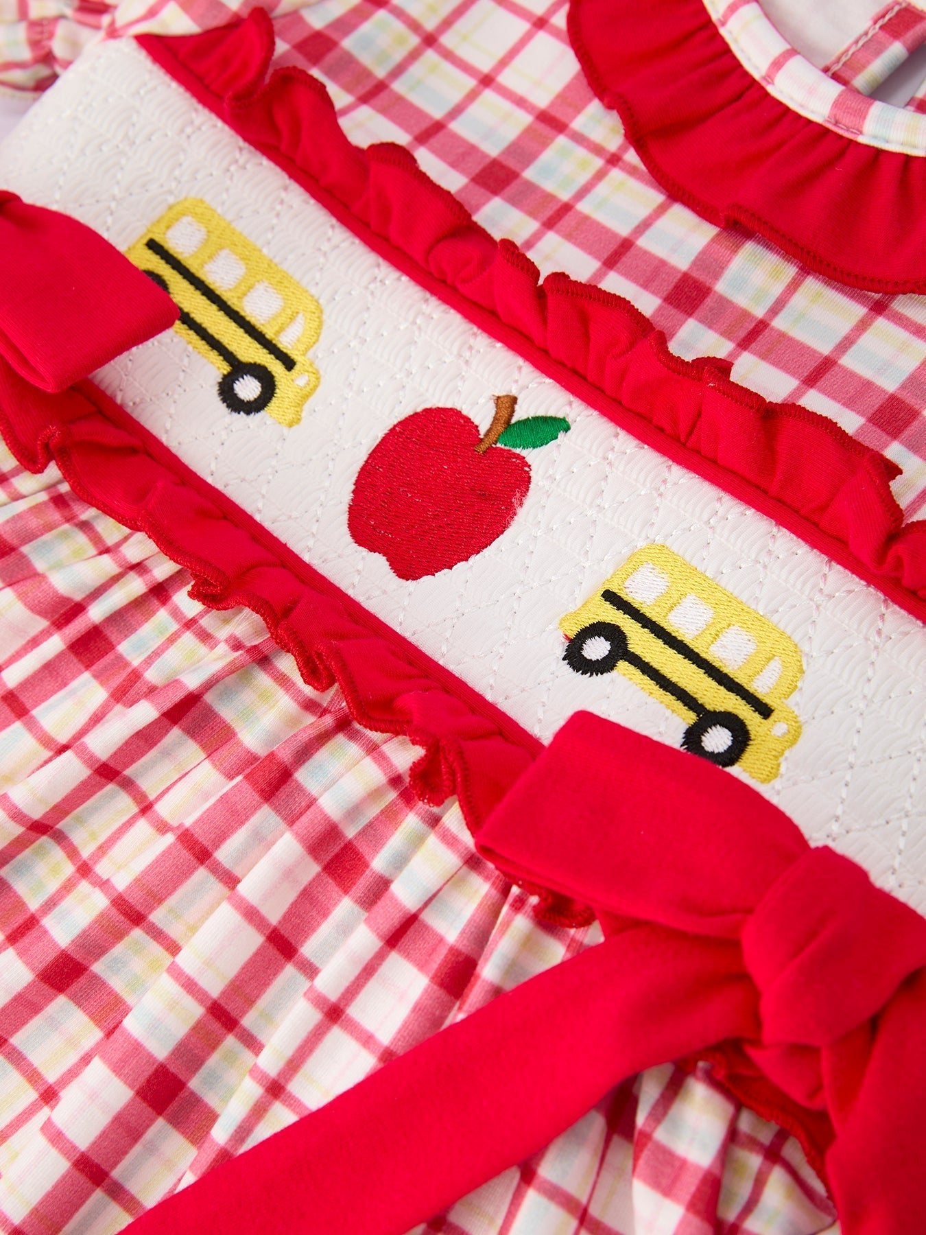 Rylee Faith Designs Back To School School Bus Embroidery Plaid Girls Set Ruffle BowEveretts Place