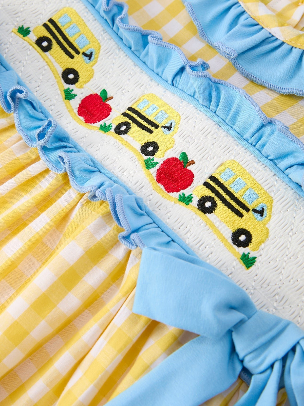 Rylee Faith Designs Back To School School Bus Plaid Girls Dress Ruffle Collar BowEveretts Place