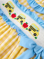Rylee Faith Designs Back To School School Bus Plaid Girls Dress Ruffle Collar BowEveretts Place