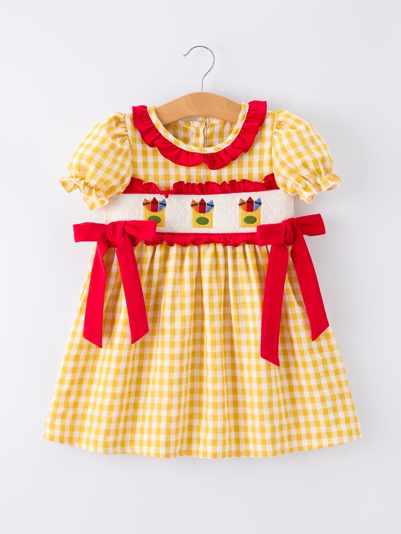 Back To School Supply Plaid Girls Dress Ruffle Collar Bow - Yellow, Textile, Baby & Toddler Clothing, Plaid, One-piece garment | Everetts Place