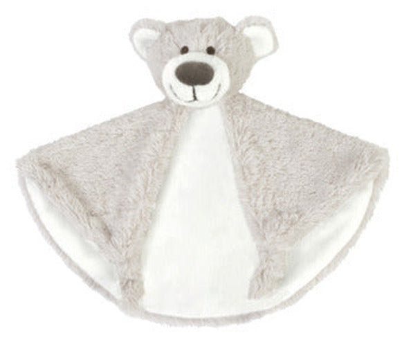 Soft organic cotton teddy bear comfort toy standing upright with stitched features and rounded ears.