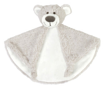Soft organic cotton teddy bear comfort toy standing upright with stitched features and rounded ears.