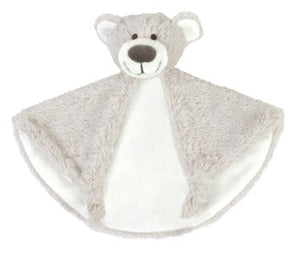 Soft organic cotton teddy bear comfort toy standing upright with stitched features and rounded ears.