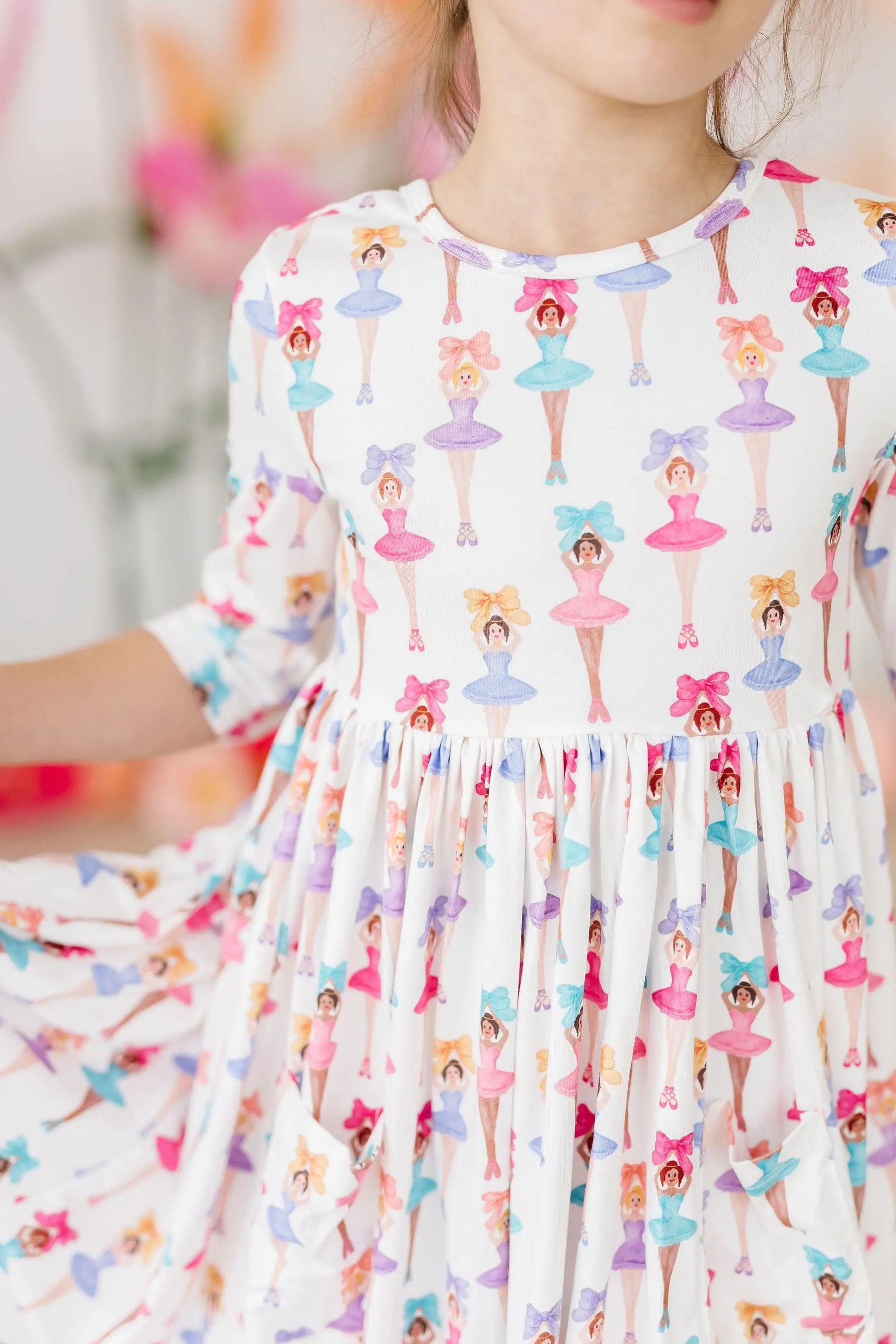 Mila & Rose ® Ballerina Bows 3/4 Sleeve Pocket Twirl Dress - 