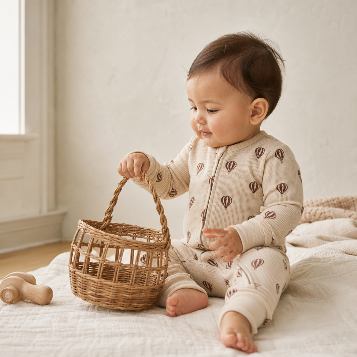 Baby romper with two-way zipper in a hot air balloon print, with convertible footies and mittens