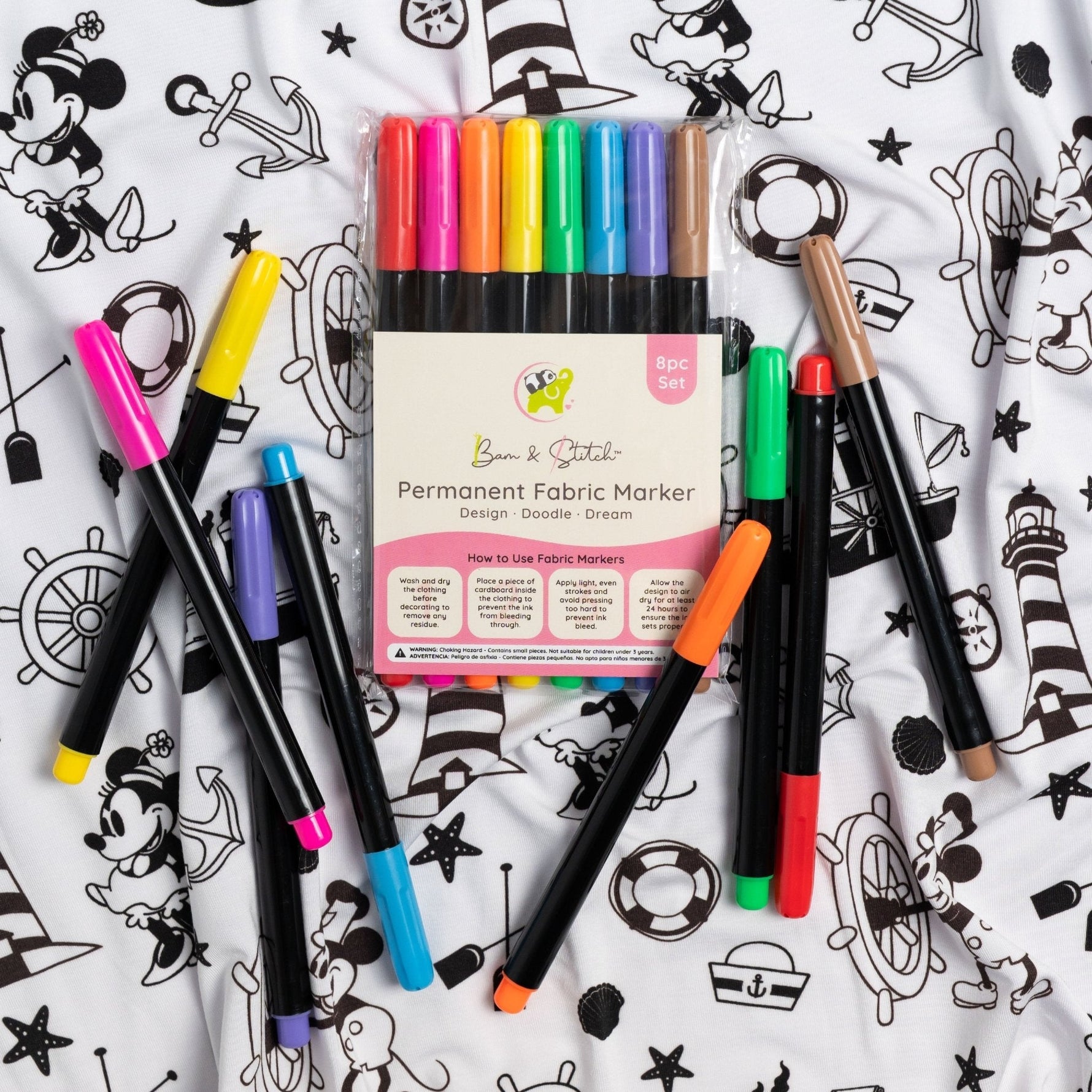Bam & Stitch Bam Fabric Markers | 8 - Piece Set for Color - Your - Own Bamboo PJs - 