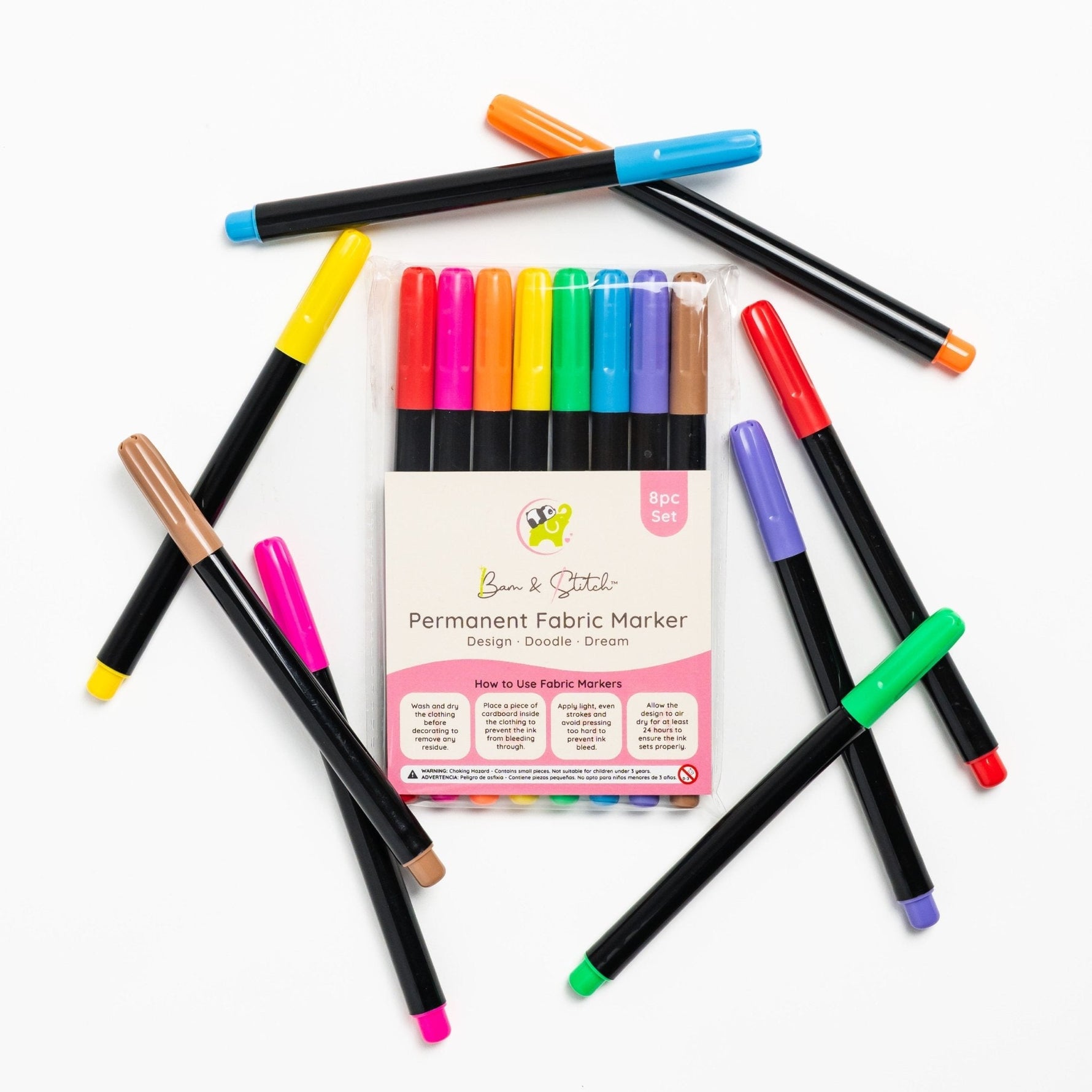 Bam & Stitch Bam Fabric Markers | 8 - Piece Set for Color - Your - Own Bamboo PJs - 