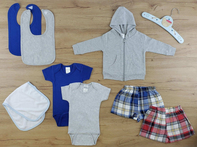 Bambini baby layette Clothes Set with bibs, onesies, and plaid shorts in soft cotton.