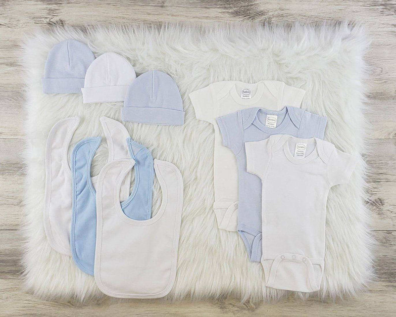 Bambini 9-piece layette baby clothes set with cotton bodysuits, caps, and bibs in assorted colors displayed on a white fluffy surface.