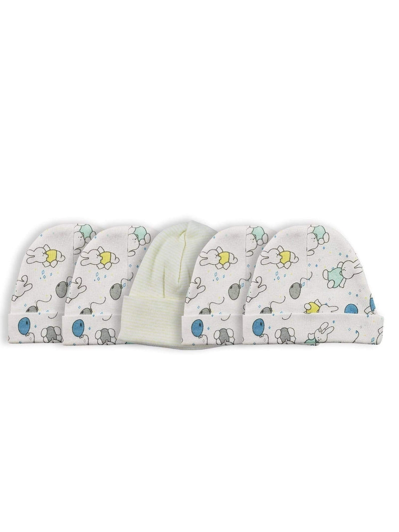 Bambini Baby Beanie pack of 5 with colorful patterns on cotton fabric.