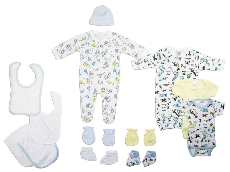 Newborn baby layette gift set with 13 cotton pieces including gowns, onesies, caps, mittens, booties, and bibs.