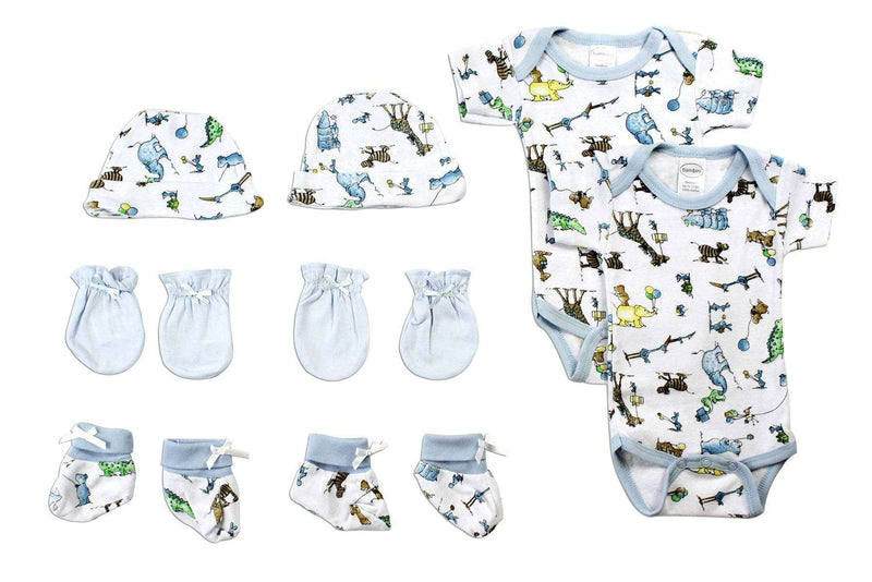 8 Pc Bambini Baby Boy Layette Set with blue animal print, cotton bodysuits, mittens, hats, and booties.