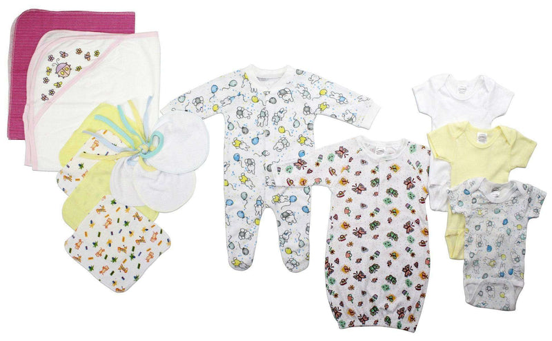 14 Pc Bambini Baby Girls Layette Set with soft cotton outfits, towels, bibs, washcloths, gowns, blanket, and onesies.