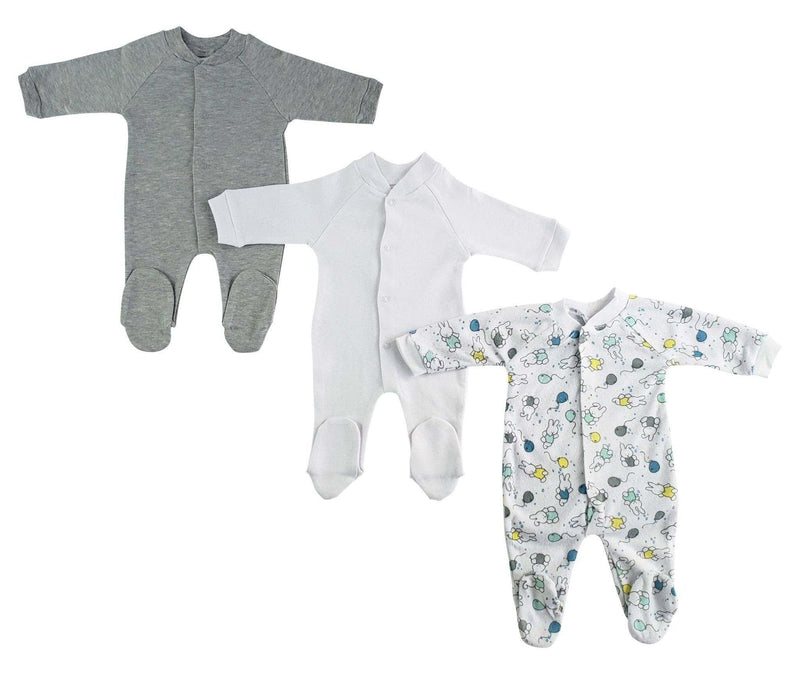 Pack of 3 Bambini Sleep and Play closed-toe long johns in assorted prints for babies.