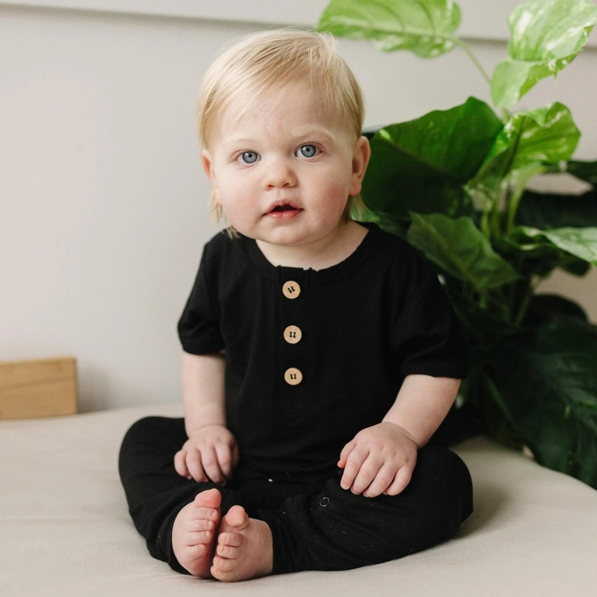 Little Joy Co. Bamboo Henley Romper For Babies Short Sleeve Snaps - Everetts Place Boutique - 