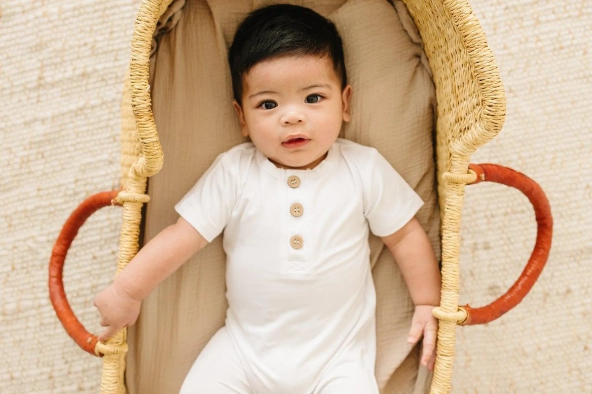 Little Joy Co. Bamboo Henley Romper For Babies Short Sleeve Snaps - Everetts Place Boutique - 