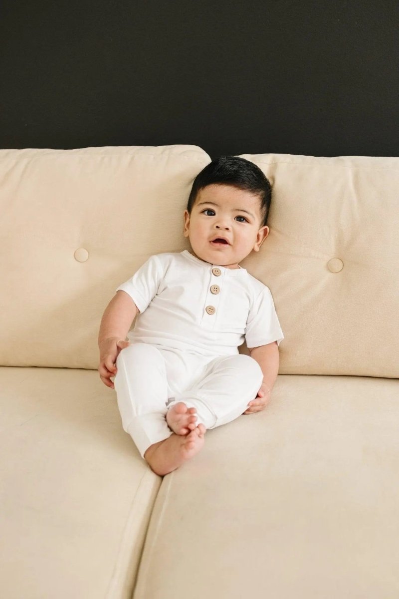 Little Joy Co. Bamboo Henley Romper For Babies Short Sleeve Snaps - Everetts Place Boutique - 