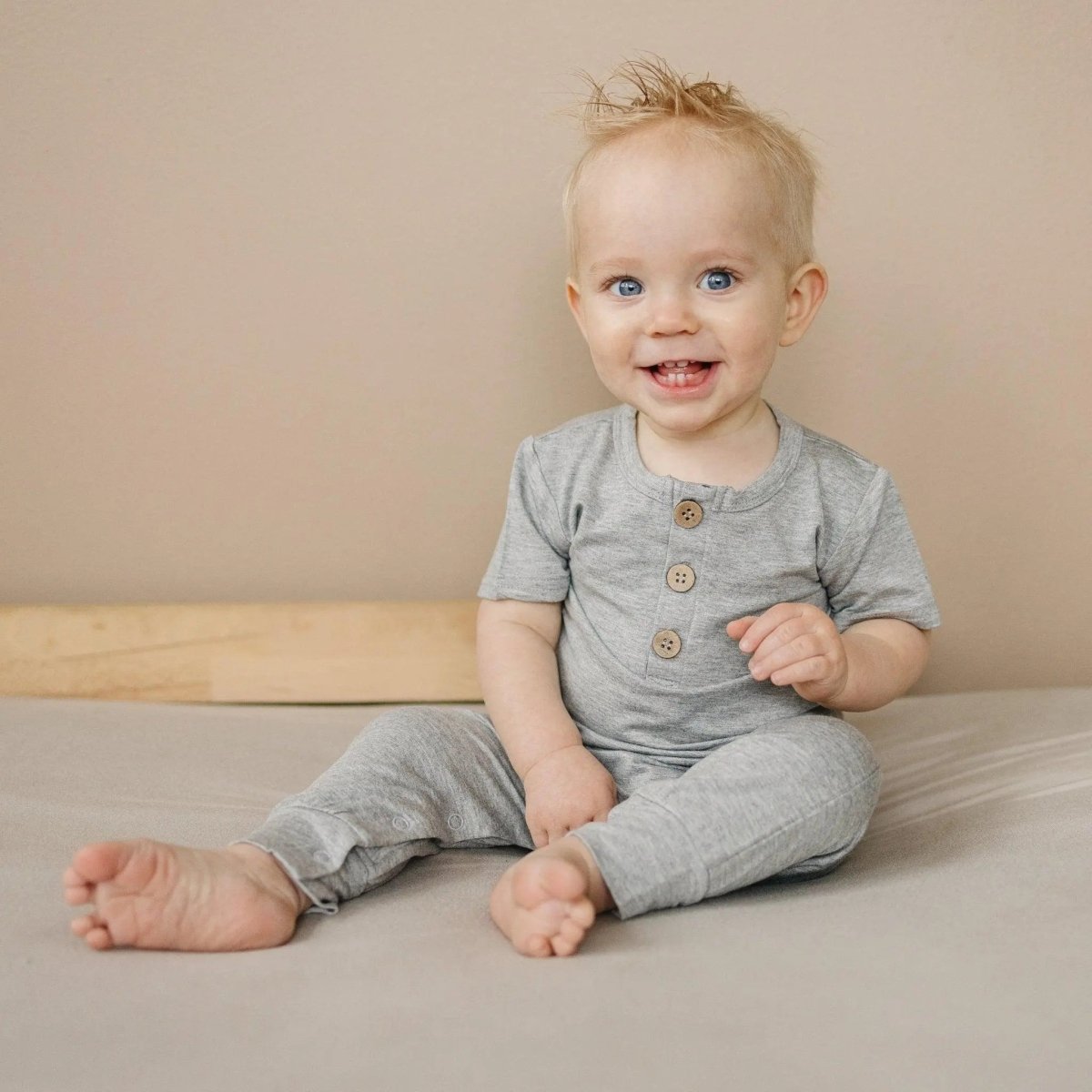 Little Joy Co. Bamboo Henley Romper For Babies Short Sleeve Snaps - Everetts Place Boutique - 