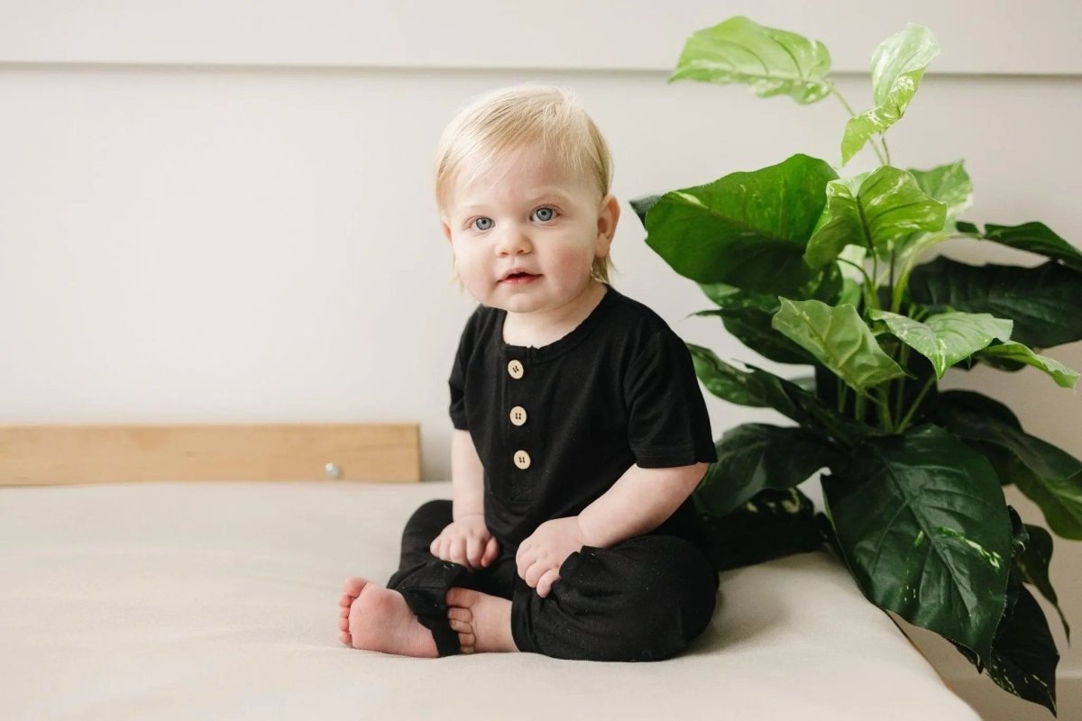 Little Joy Co. Bamboo Henley Romper For Babies Short Sleeve Snaps - Everetts Place Boutique - 
