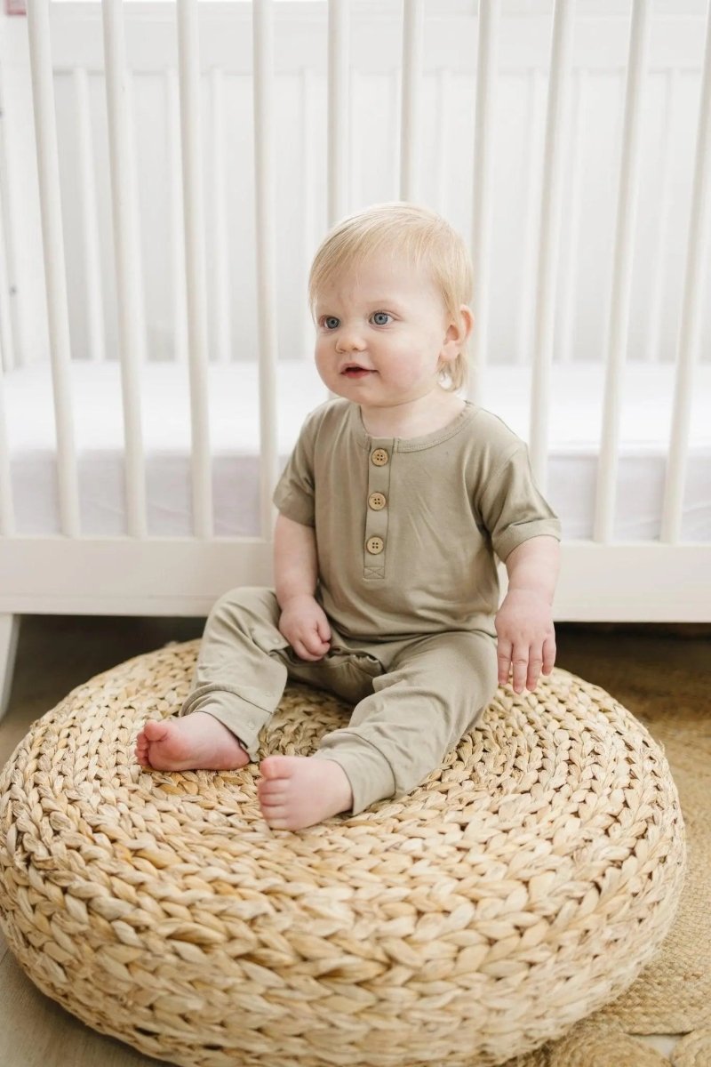 Little Joy Co. Bamboo Henley Romper For Babies Short Sleeve Snaps - Everetts Place Boutique - 