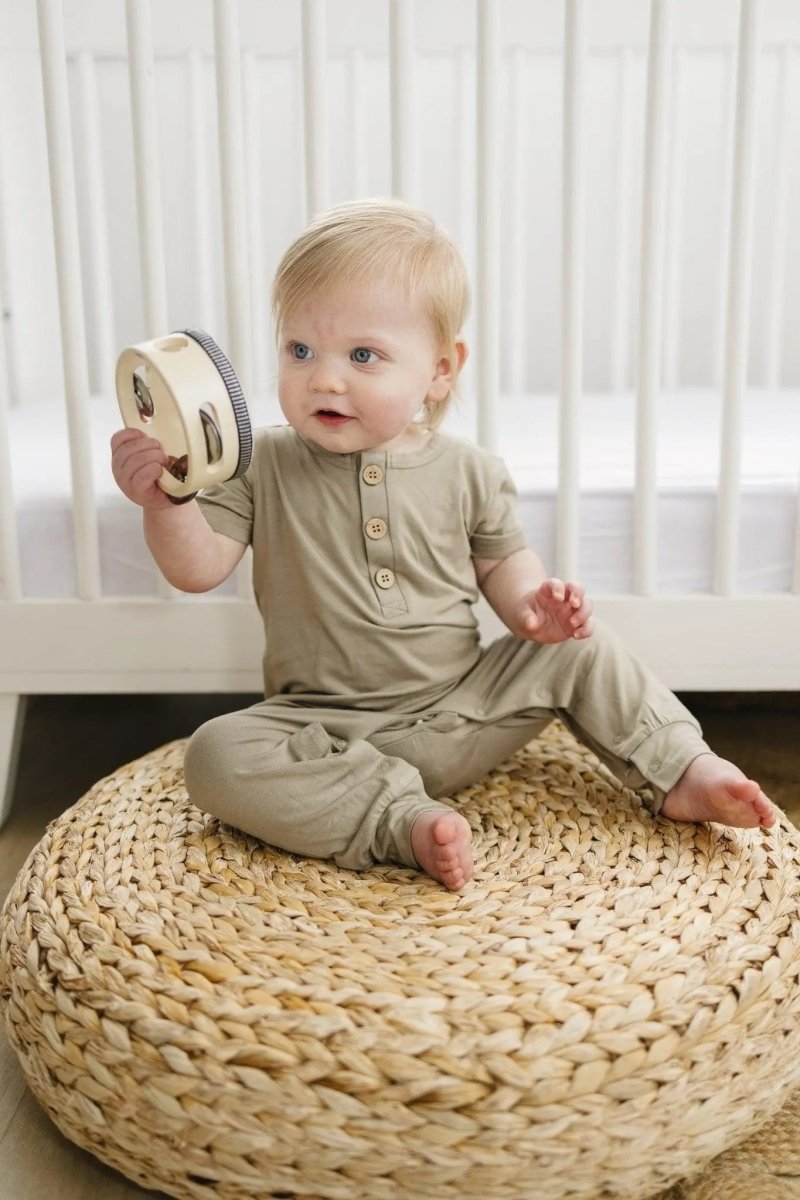 Little Joy Co. Bamboo Henley Romper For Babies Short Sleeve Snaps - Everetts Place Boutique - 