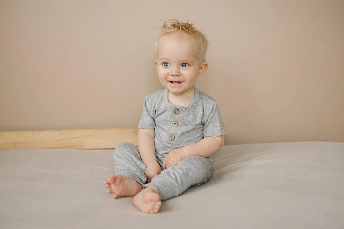 Little Joy Co. Bamboo Henley Romper For Babies Short Sleeve Snaps - Everetts Place Boutique - 