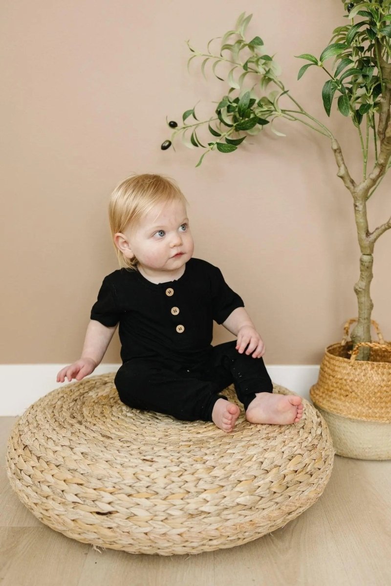 Little Joy Co. Bamboo Henley Romper For Babies Short Sleeve Snaps - Everetts Place Boutique - 